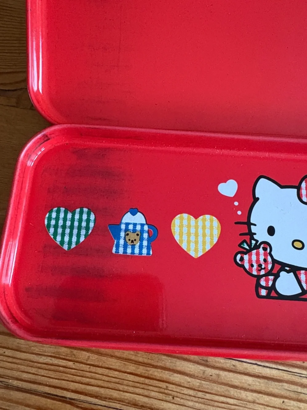 VTG Sanrio Hello Kitty Pencil Case Tin Box Red Pen Case Metal 1995 rare